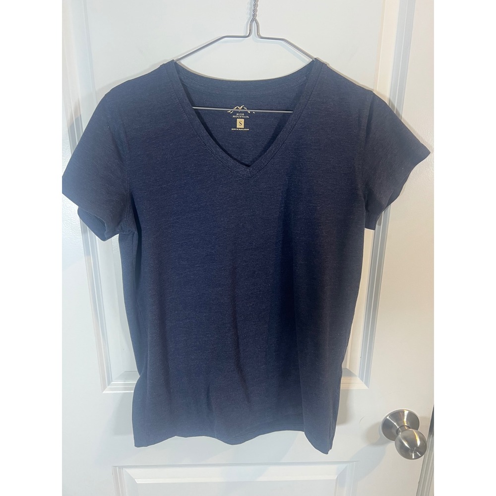 Blue Mountain Women V-Neck T-Shirt Cotton Blend Navy Blue Size S